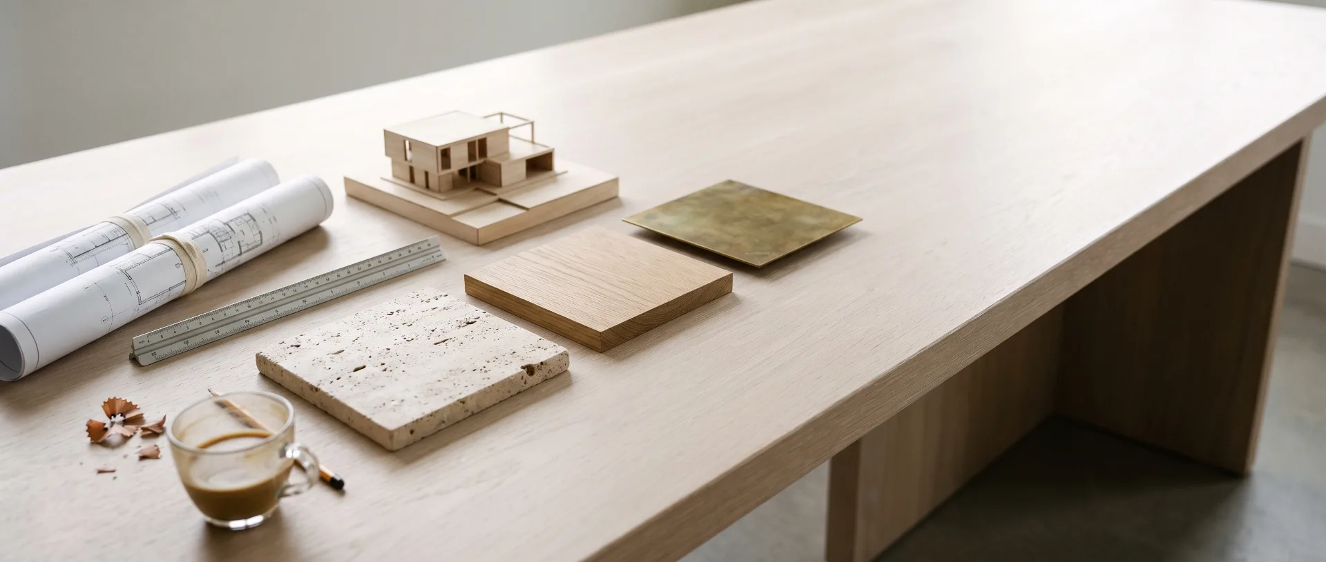 The studio table: rolled drawings, a scale rule, a basswood model and samples of travertine, oak and brass.