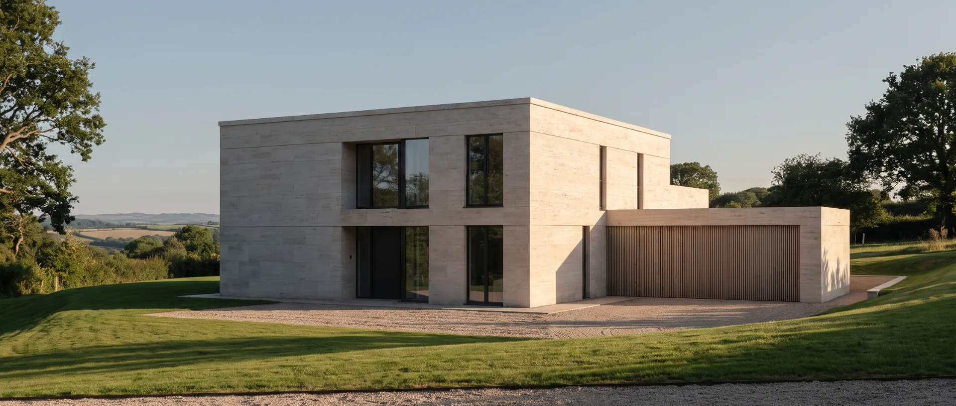Alder House stepped into a hillside above Devon farmland, with travertine walls, a slatted oak garage and evening sun across the elevation.