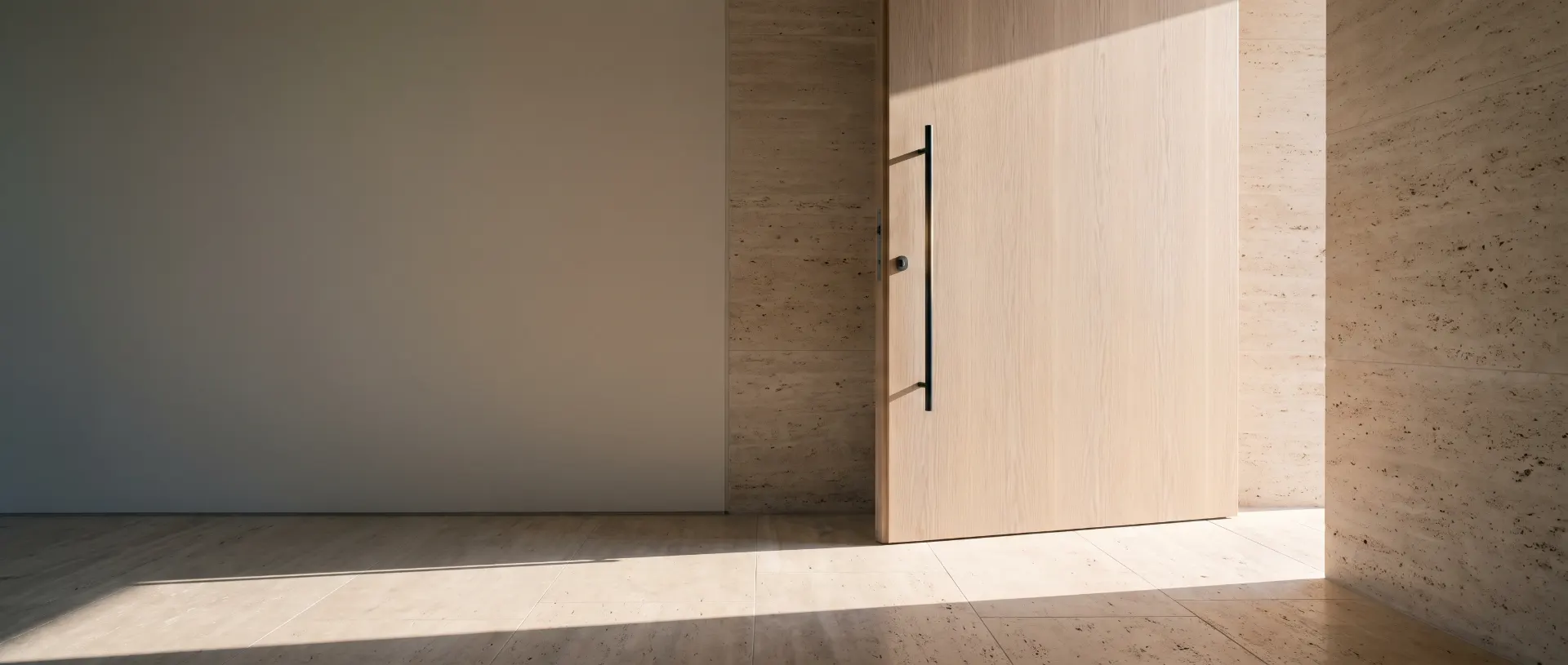 A tall oak door standing open onto a travertine hall, morning light falling across the threshold.