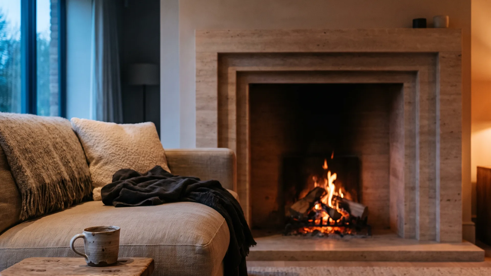 The snug at Copse Retreat: a travertine fireplace lit at dusk, with a linen sofa and wool throw drawn up to the hearth.