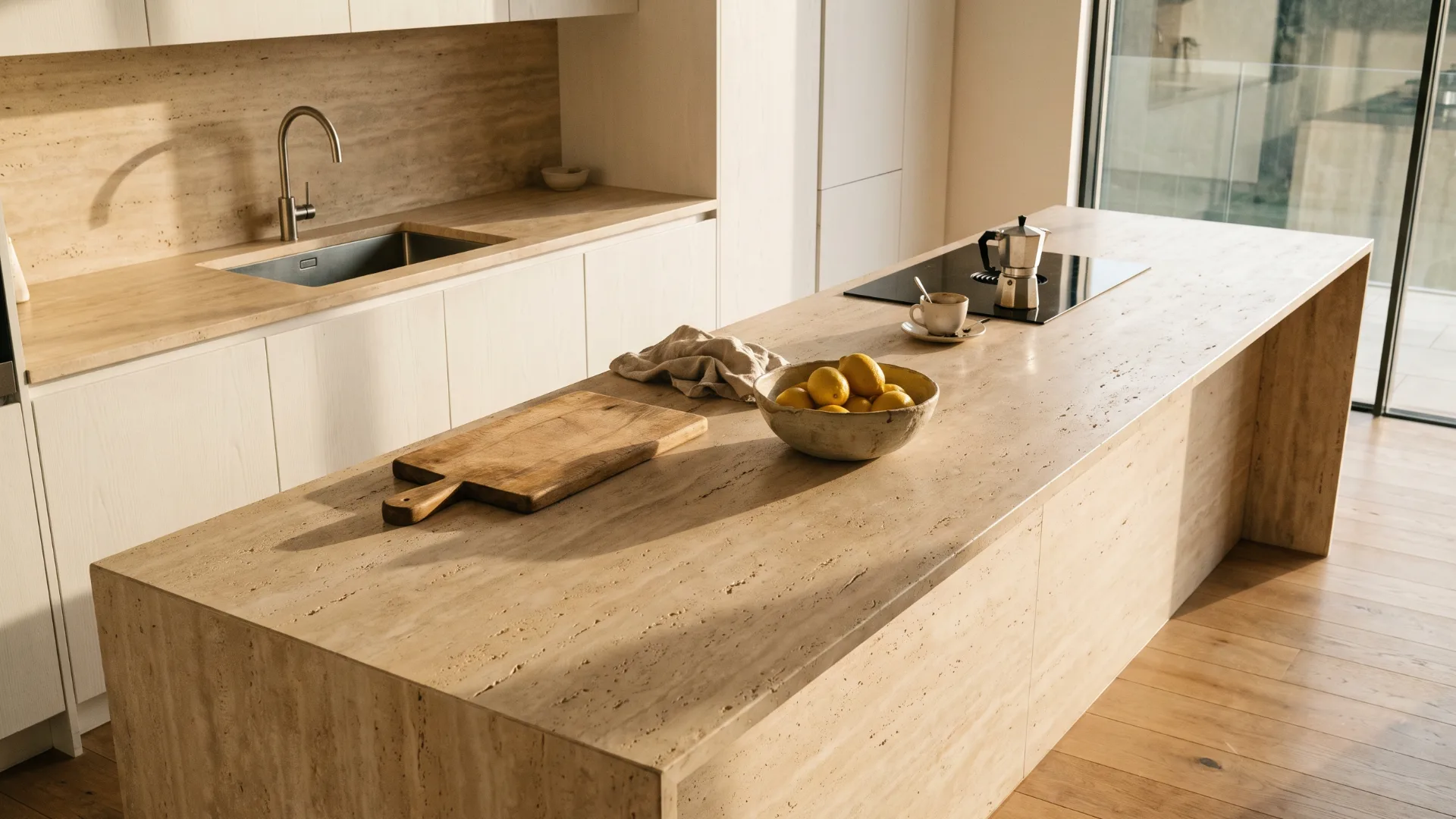 The kitchen at Copse Retreat: a solid travertine island with a pale oak run behind, morning sun across the stone.