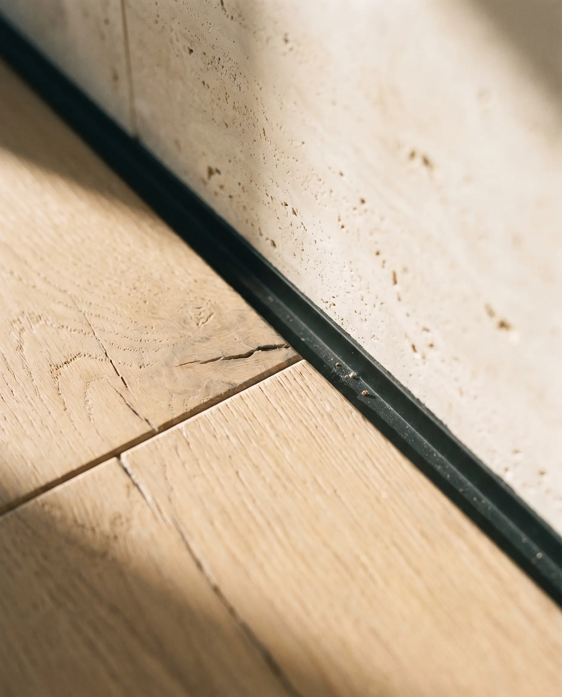Close detail of white-oiled oak meeting travertine at a shadow gap.