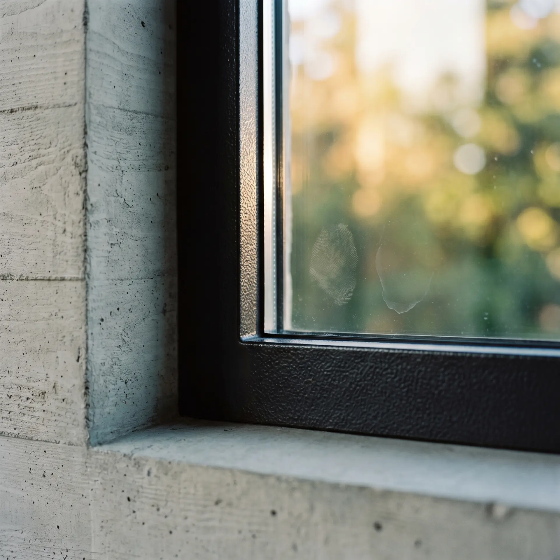A slim steel window reveal, glass meeting plaster with no visible frame.