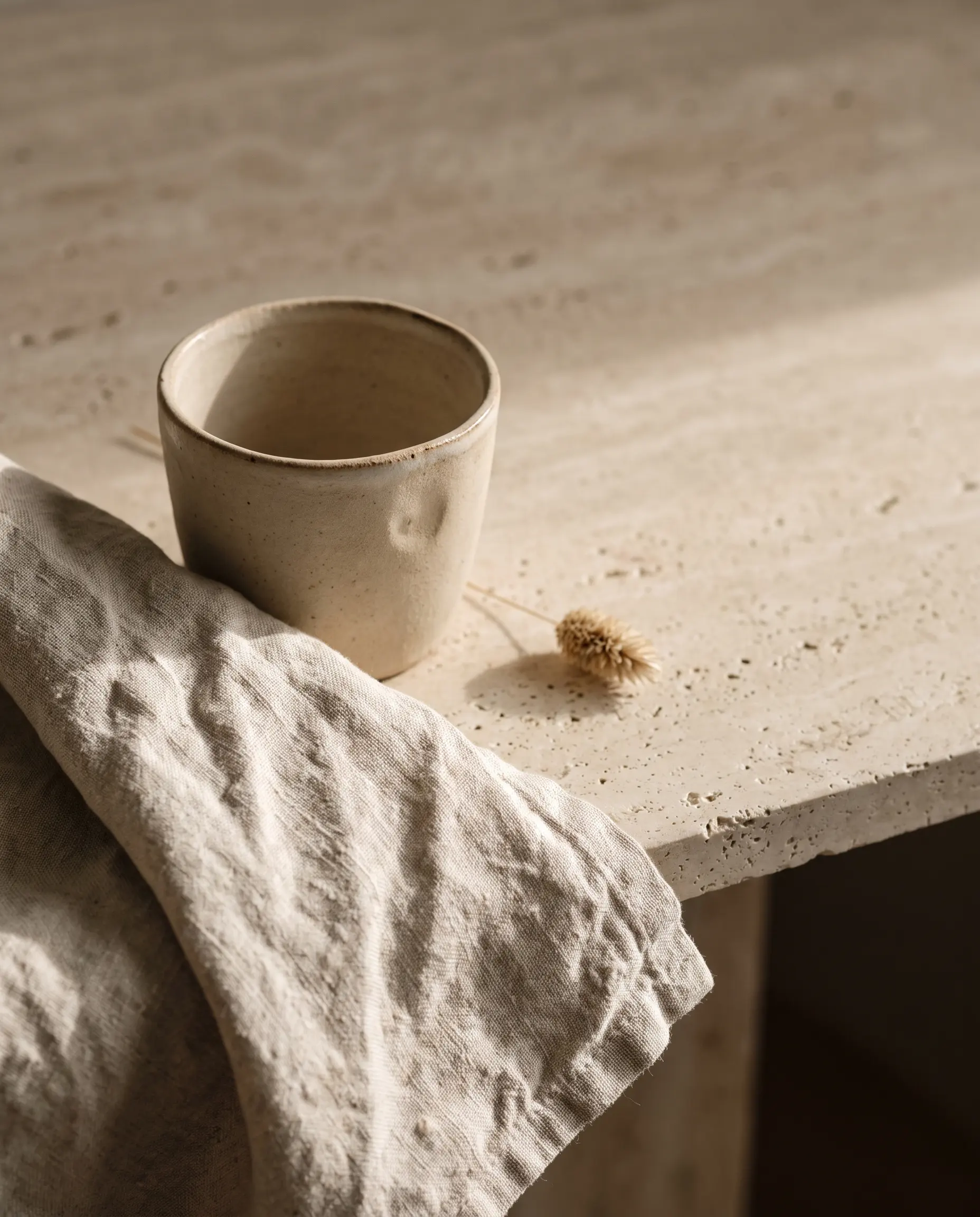 Linen, unglazed ceramic and stone arranged on a windowsill in morning light.