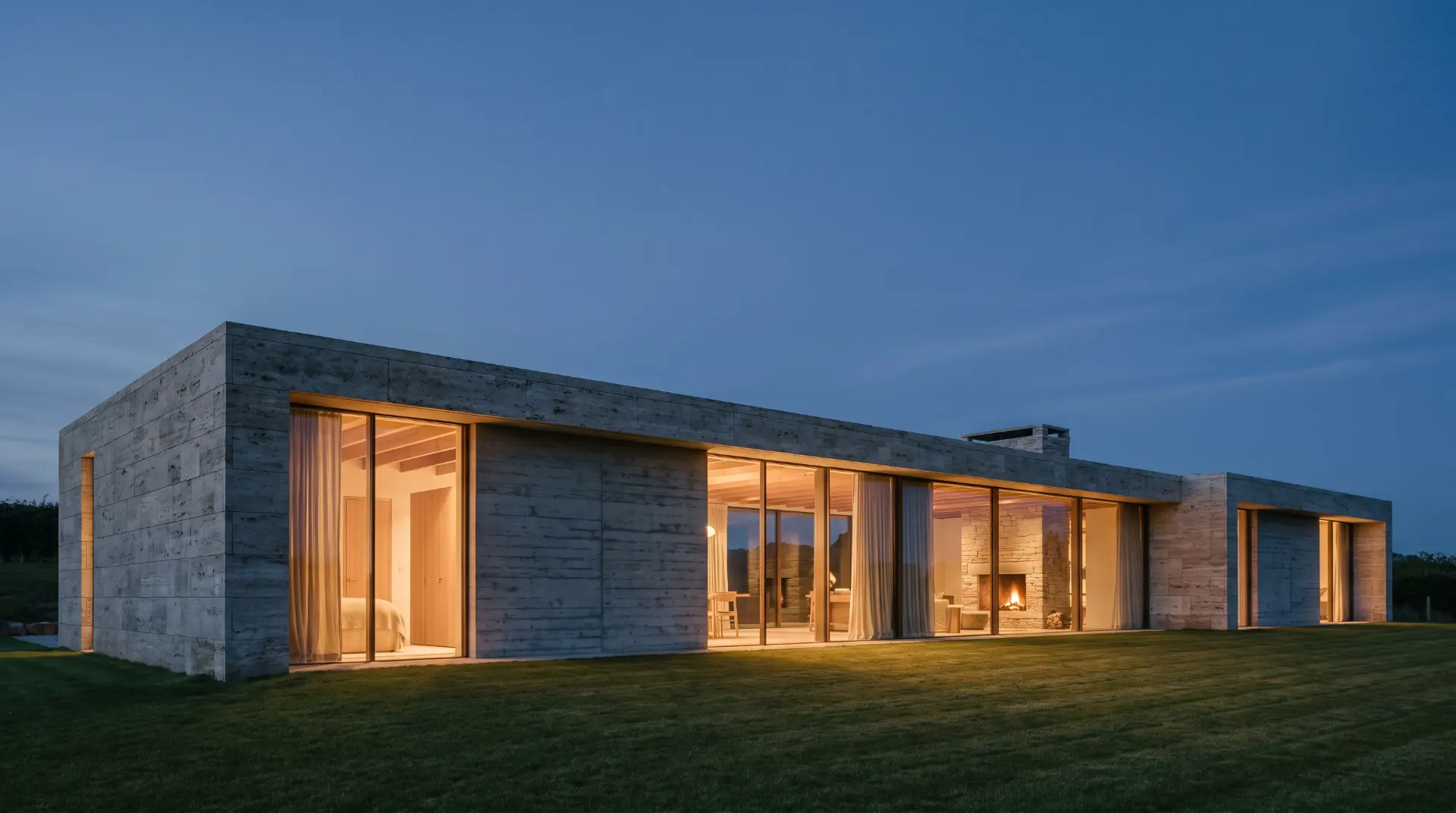 A single-storey concrete house at blue hour, its rooms lit warm behind full-height glazing, lawn running to the edge of frame.