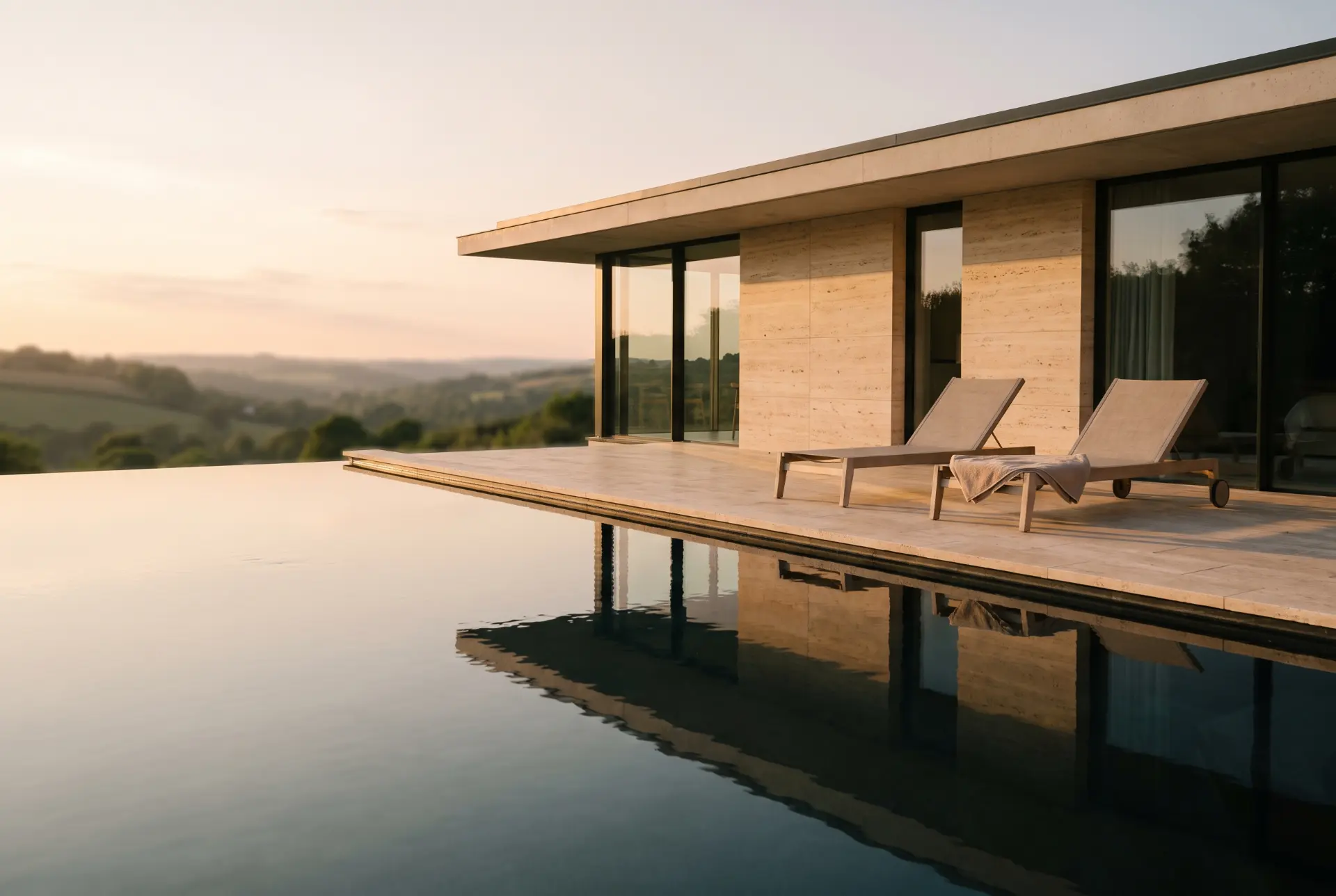 Terrace and lap pool at Cliff House, stone paving running to a level edge above the water.
