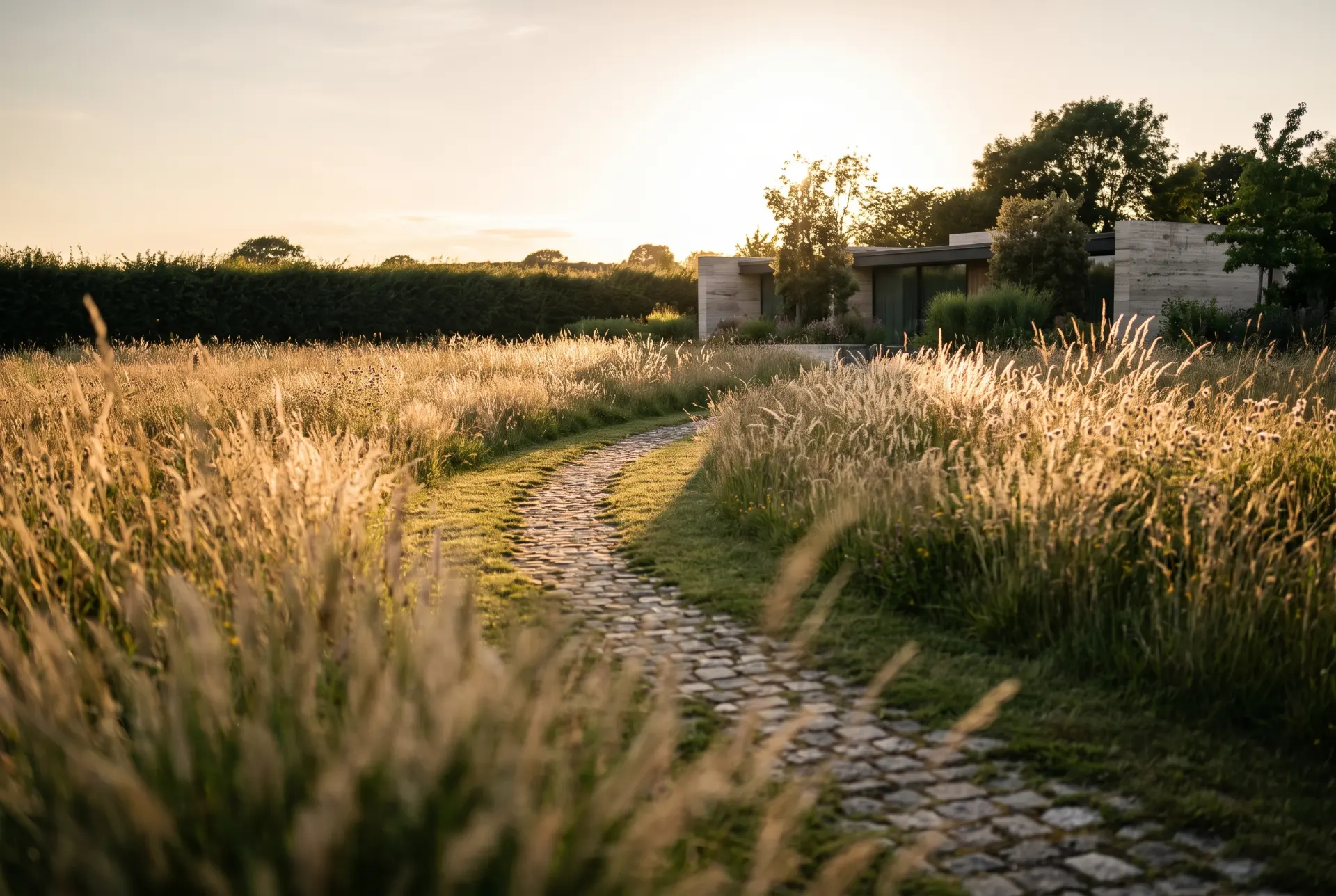 The approach to Dune House across grass, the entrance reading as a shadow in the wall.