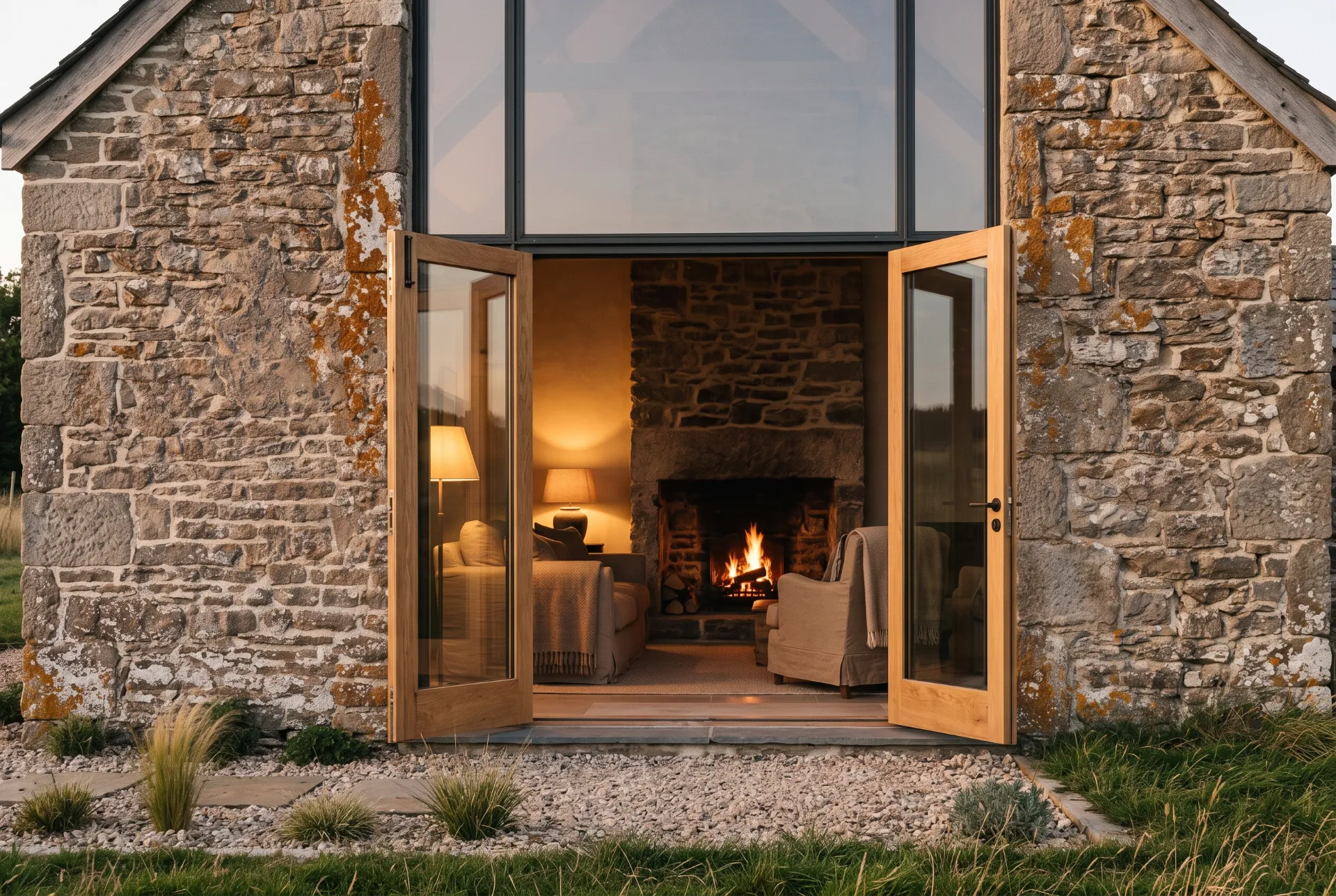After: the same barn doorway, oak doors open onto the converted snug, stone fireplace lit within.