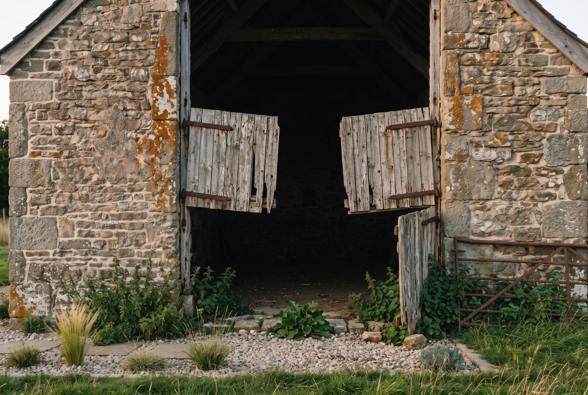 Before: the barn as found, weathered stone, broken cart doors hanging on rusted hinges, nettles at the threshold.