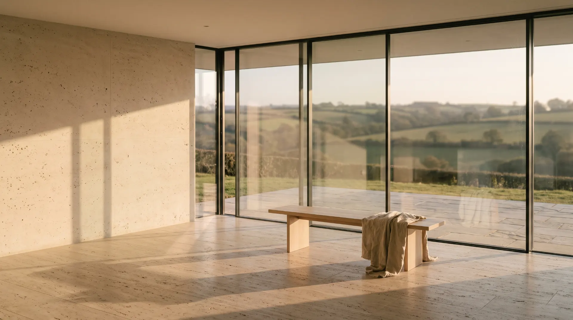 Interior of a Devon house at golden hour: an empty travertine wall on the left, a glazed corner opening onto rolling Exe Valley farmland, a single oak bench with a linen throw.
