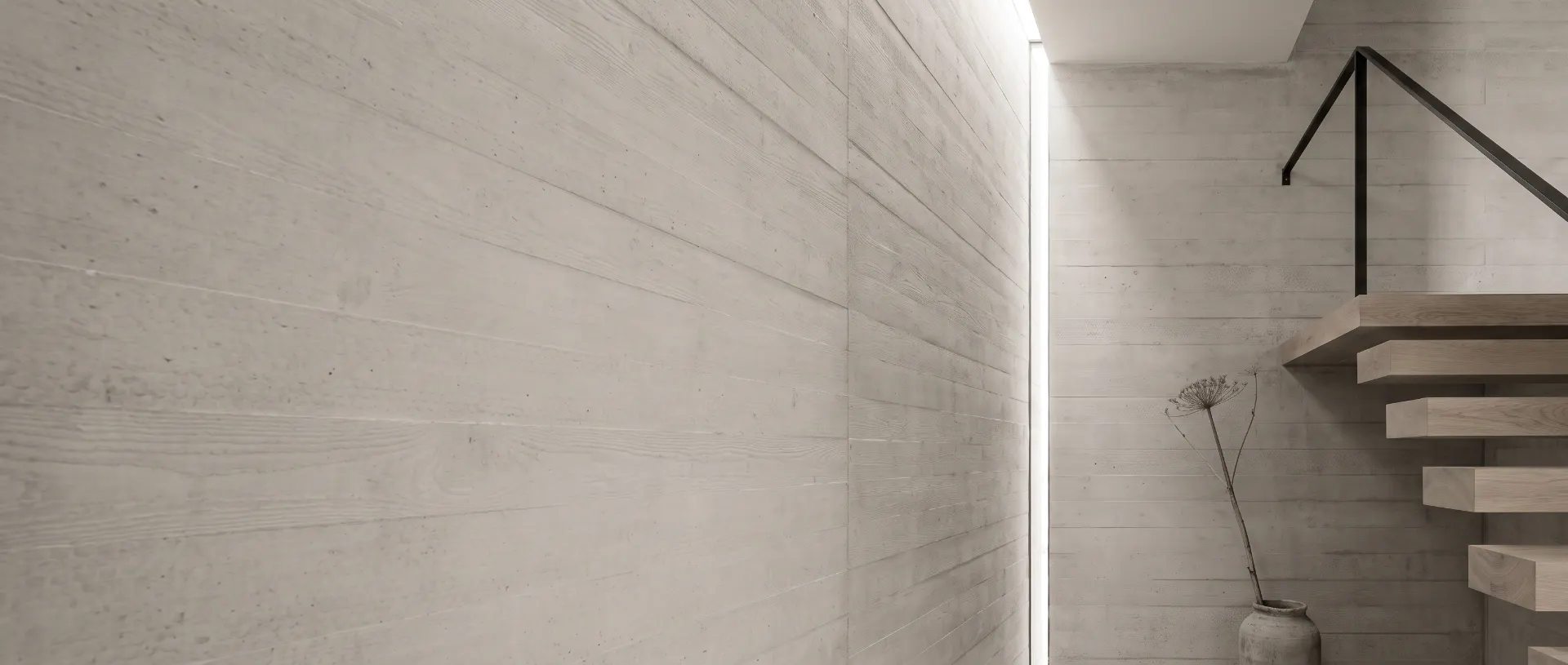A board-marked concrete stair rising through a tall void, morning light falling from a slot above.
