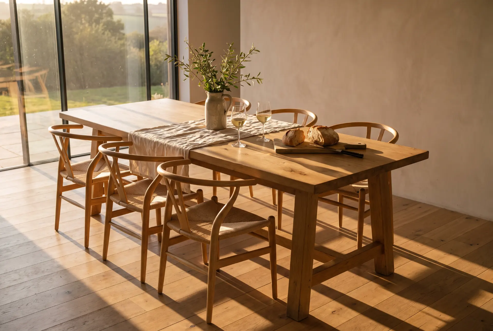 Dining room at Cliff House: a long oak table, low pendant, evening light off the estuary.