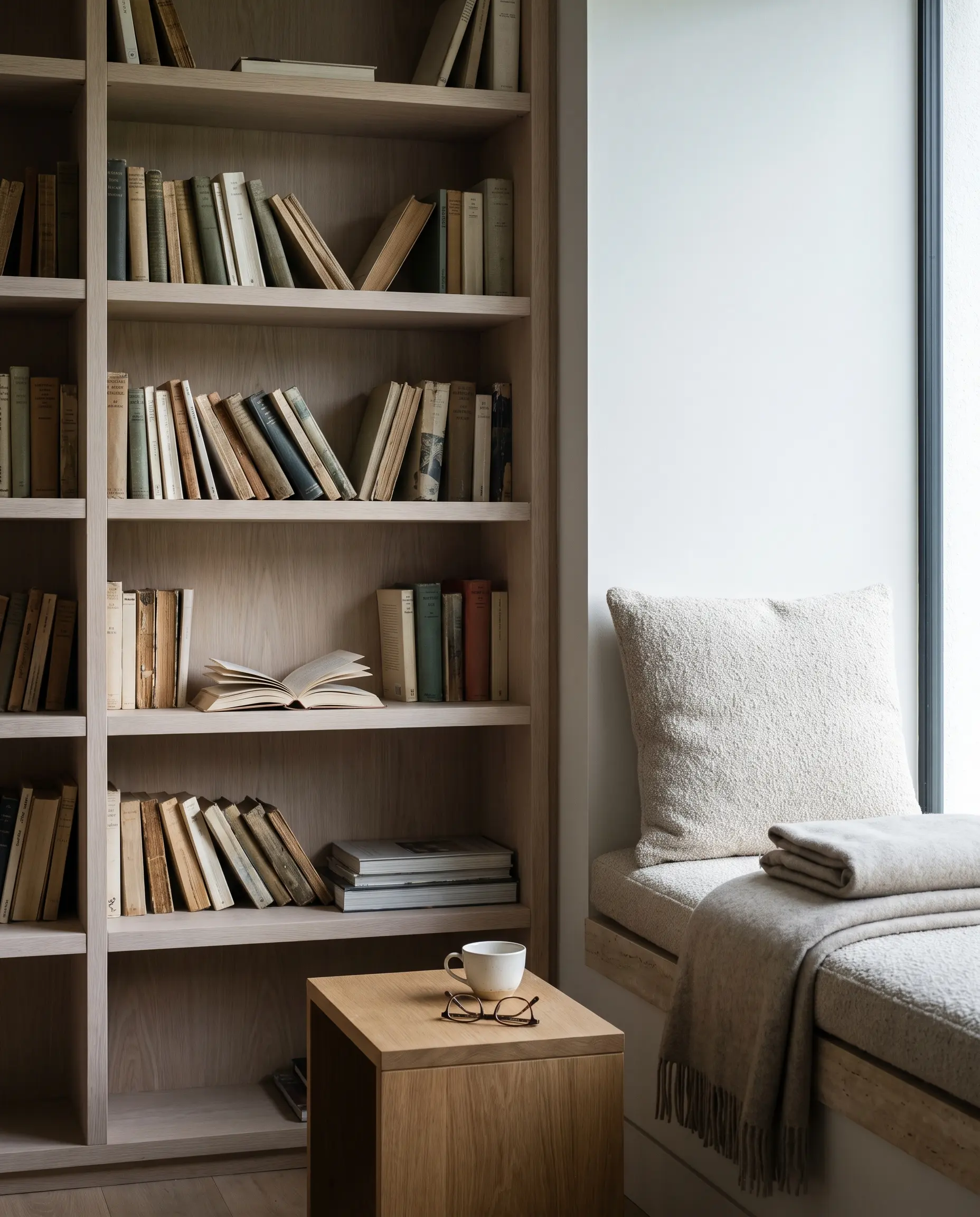 The library end of the pavilion: full-height shelving in oak, one chair, one lamp.