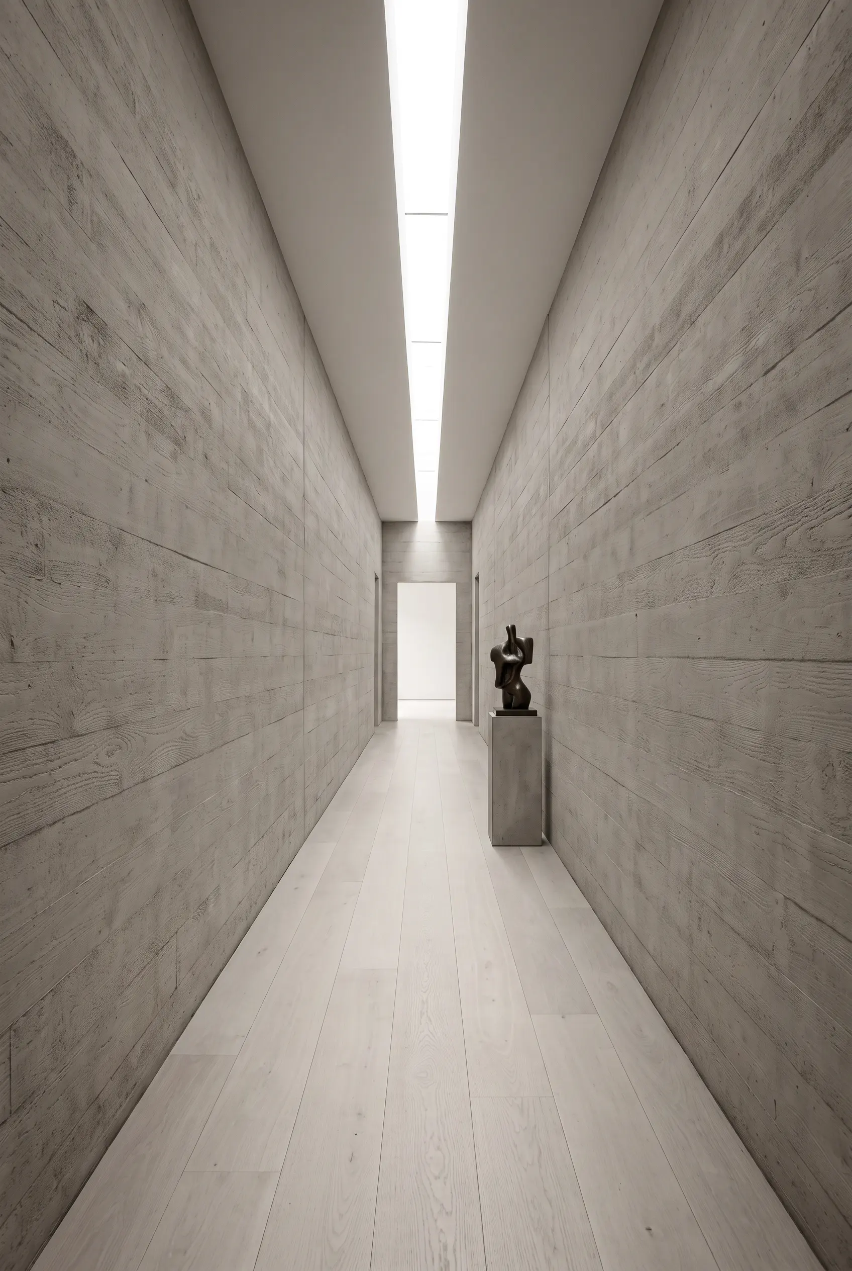 The gallery corridor at the Longhouse: a tall lit spine running the length of the plan.