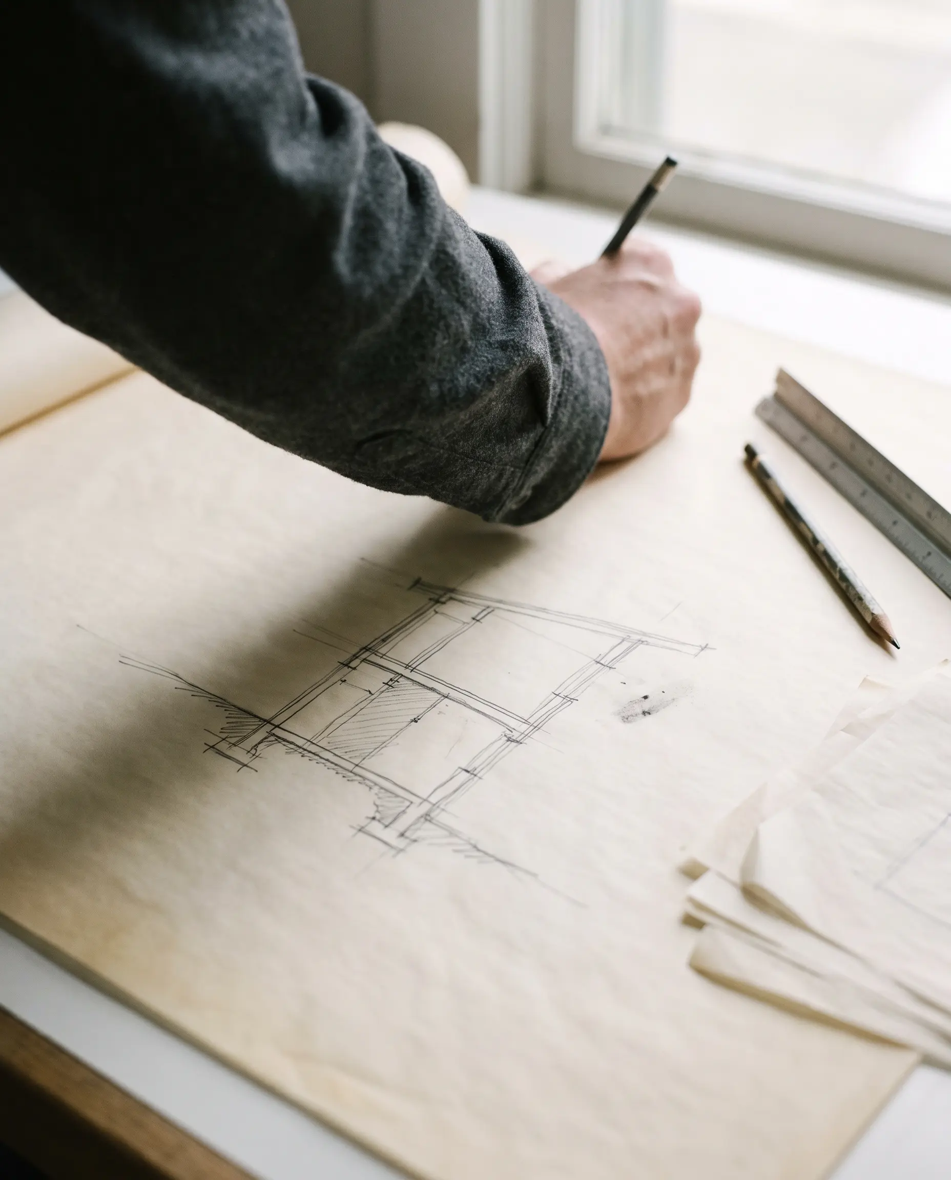 An architect drawing a section by hand at a drafting table, scale rule and pencils to one side.