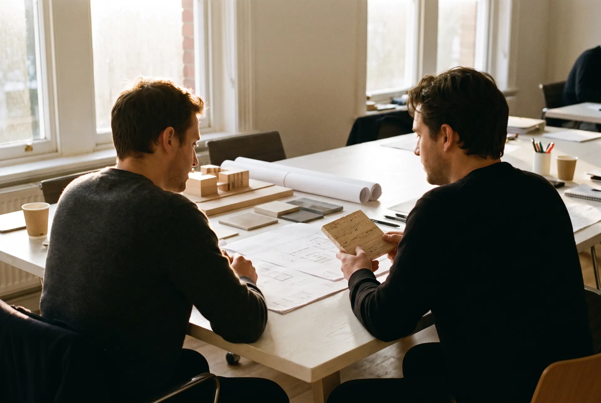 A client meeting at the studio table: drawings unrolled, afternoon light, two people talking over a plan.
