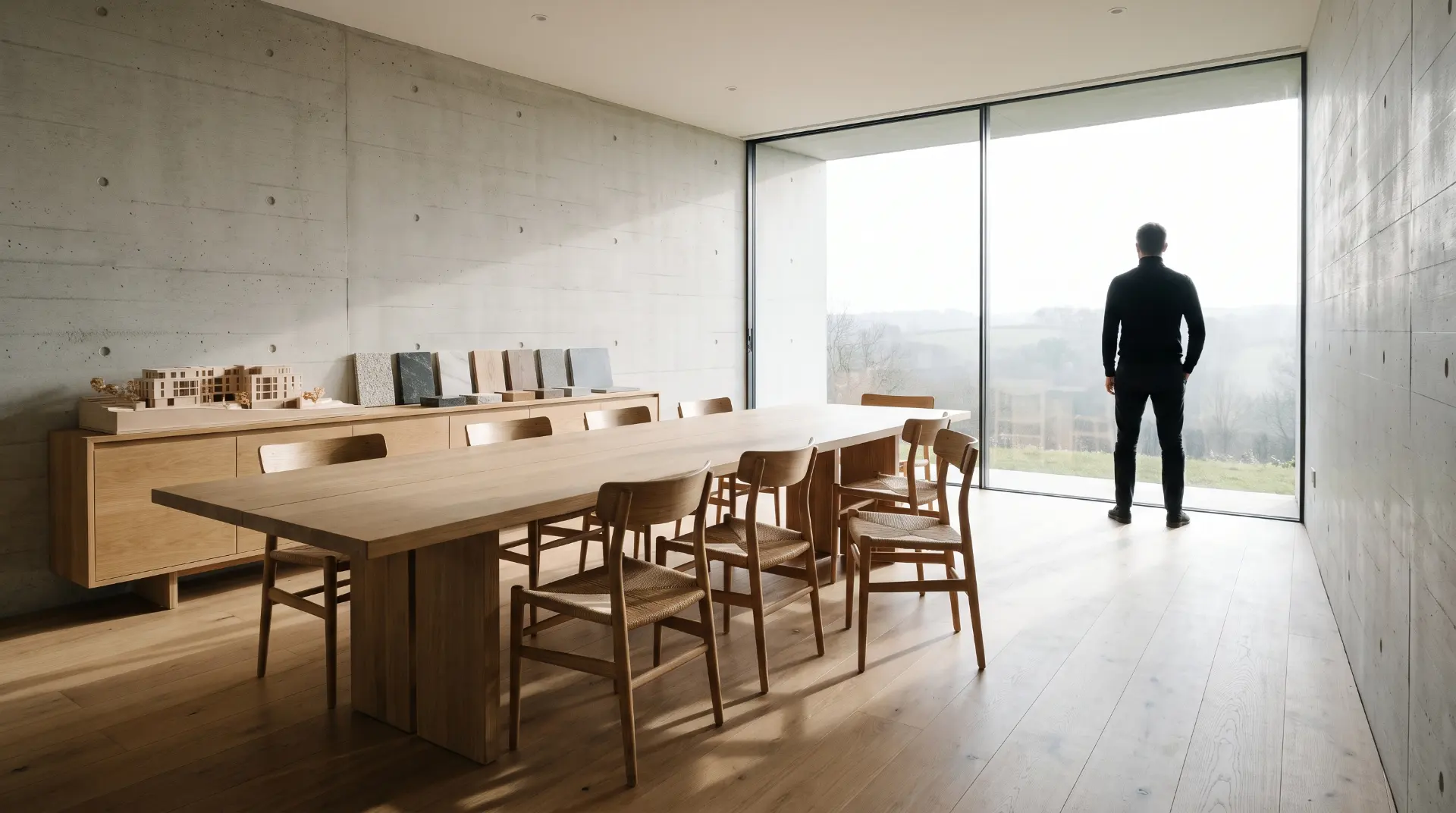 The Alder & Stone meeting room, with a long table, drawings pinned to the wall and morning light from the riverside.