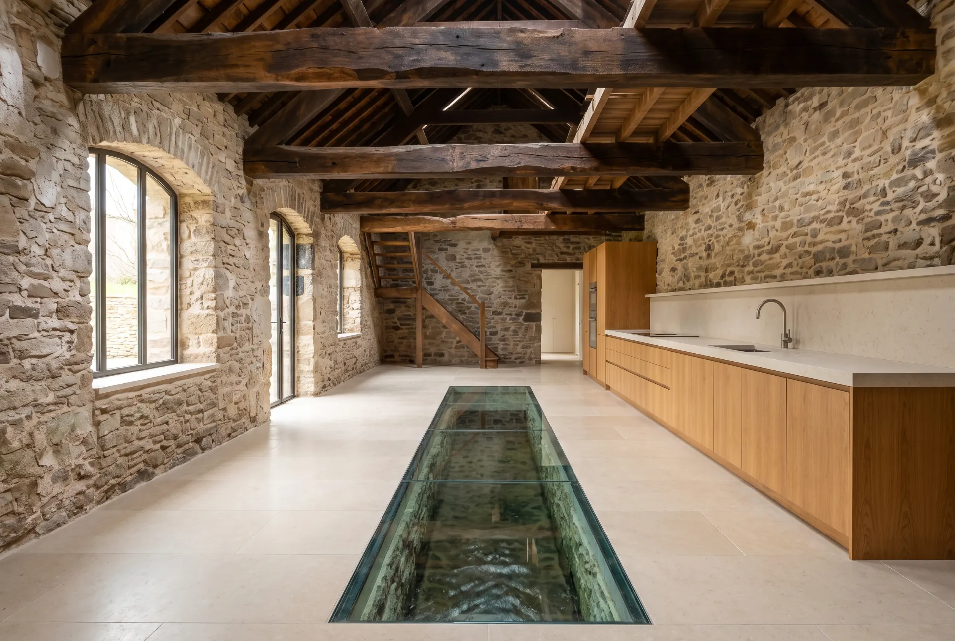 After restoration, the room has repointed stone, a glazed leat with water running beneath and a new kitchen beside it.