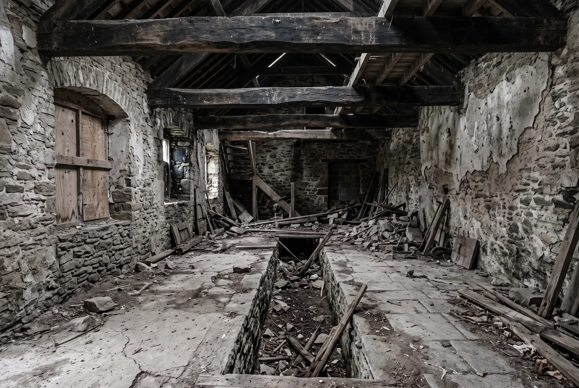 Before restoration, the mill room had bare stone walls, crumbling plaster, a broken floor and rubble in the open leat channel.