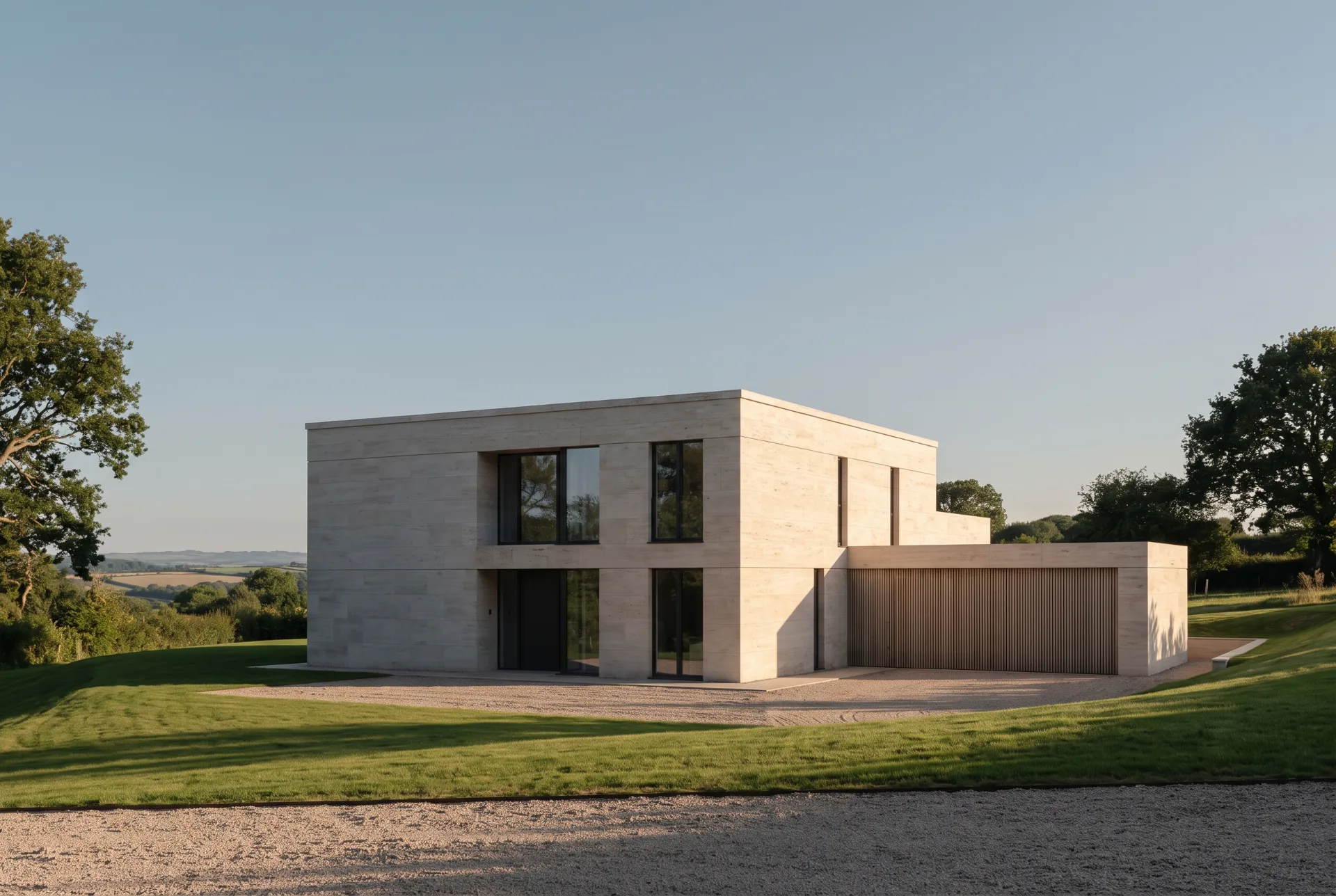 Alder House, Dawlish: a travertine-clad house on a grassed slope, tall glazing set deep in the stone and evening sun raking across the elevation.