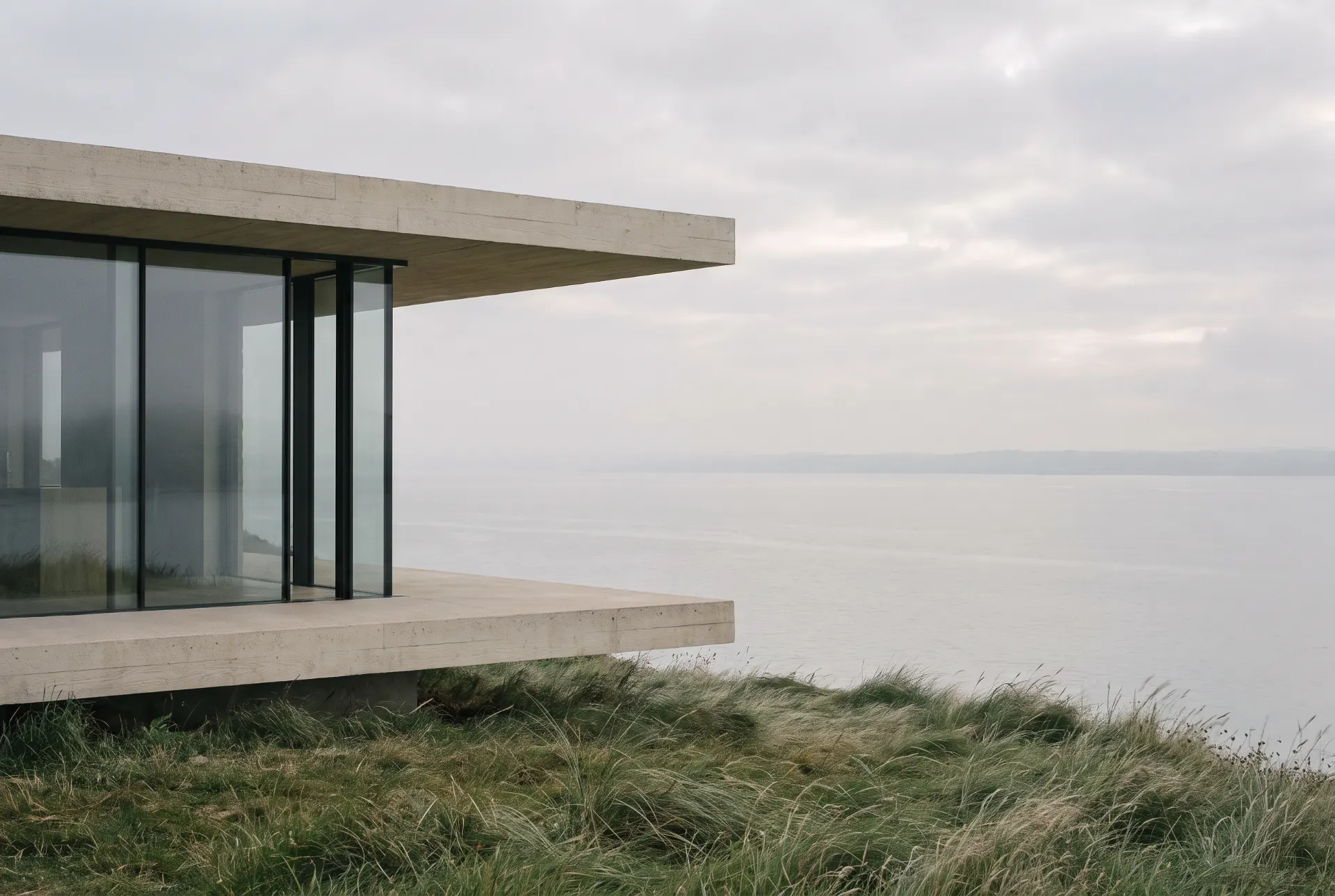 Cliff House, Salcombe: a horizontal concrete and glass volume above the estuary in early-morning light.