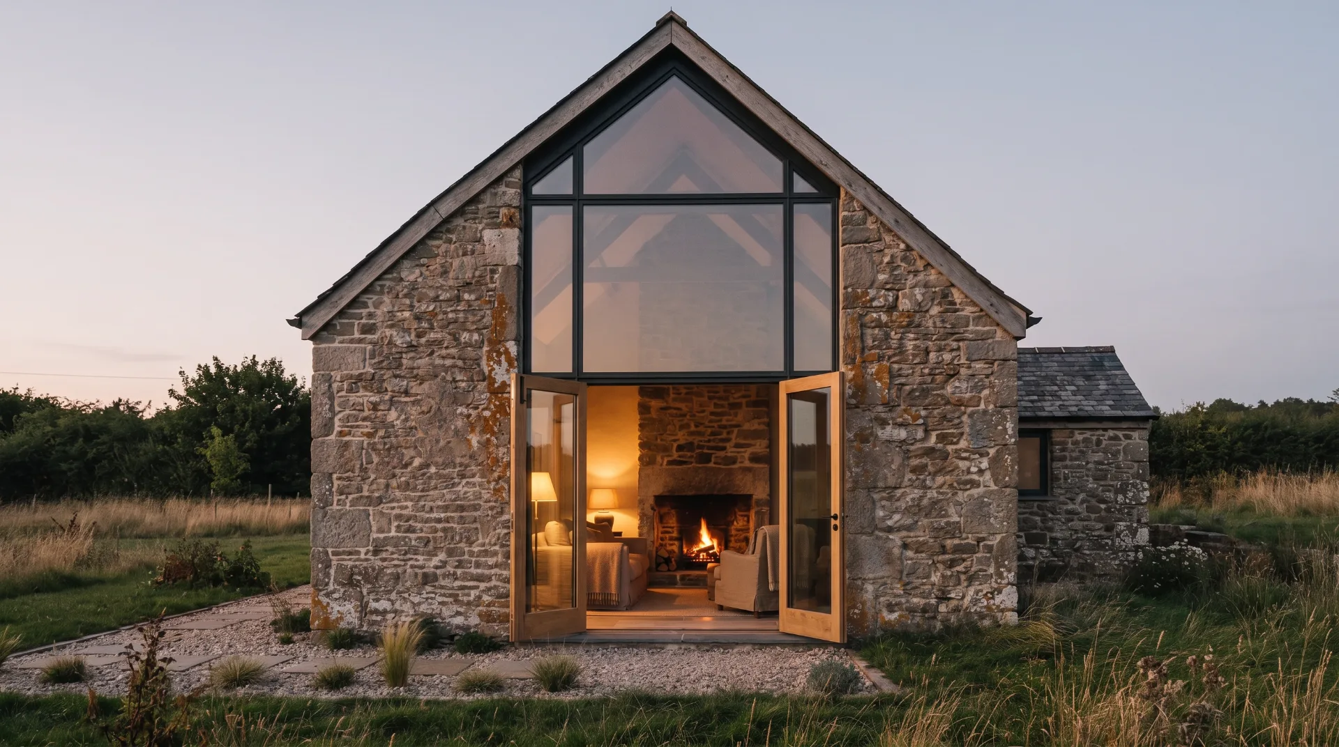 The Hay Barn, Totnes: a repaired stone barn with new timber doors, golden hour light across the yard.