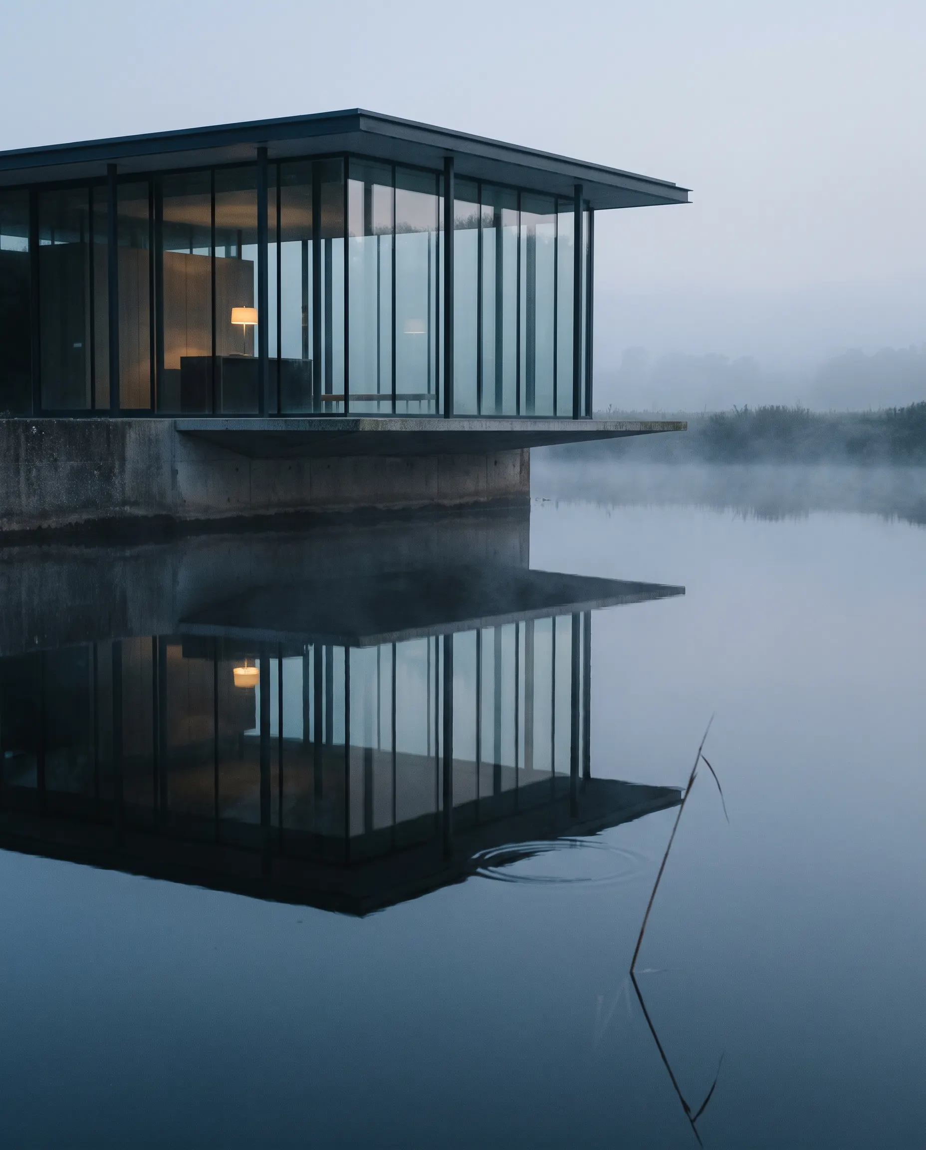 Teign Pavilion: a small glazed pavilion on stone piers above the river at dawn.