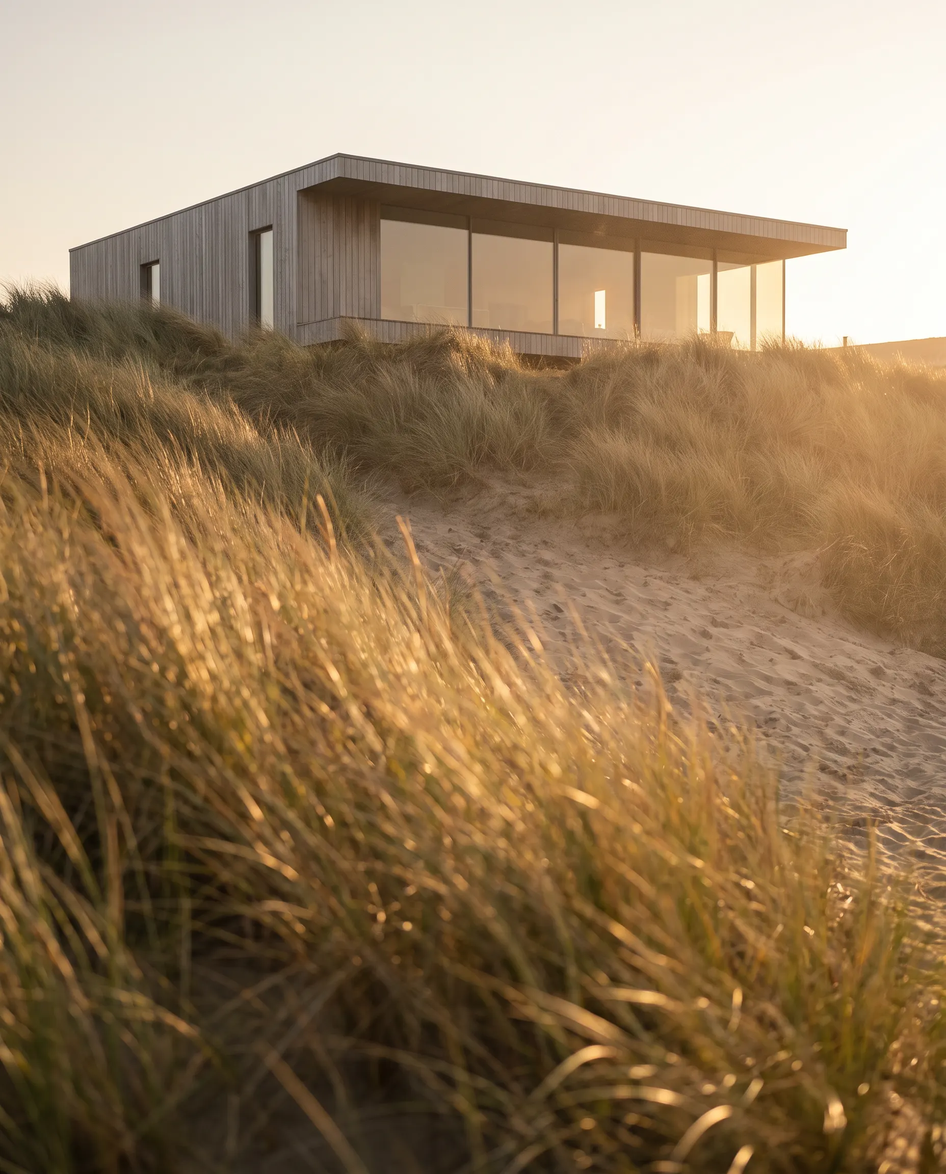 Dune House, Bantham: a low house set behind the dune line, marram grass in the foreground at golden hour.
