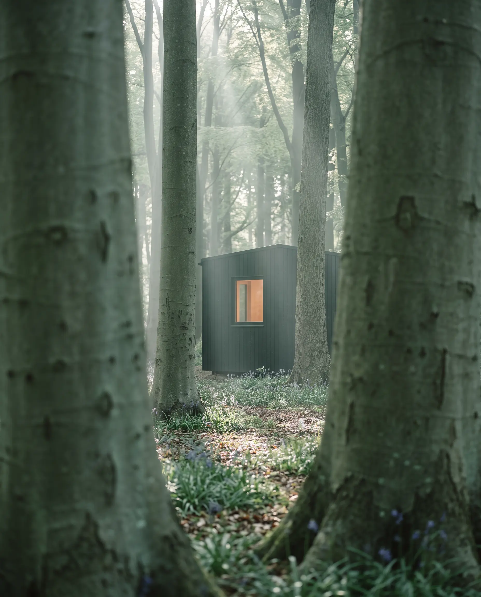 Copse Retreat, Woodbury: a small house among beech trunks, morning light through the canopy.