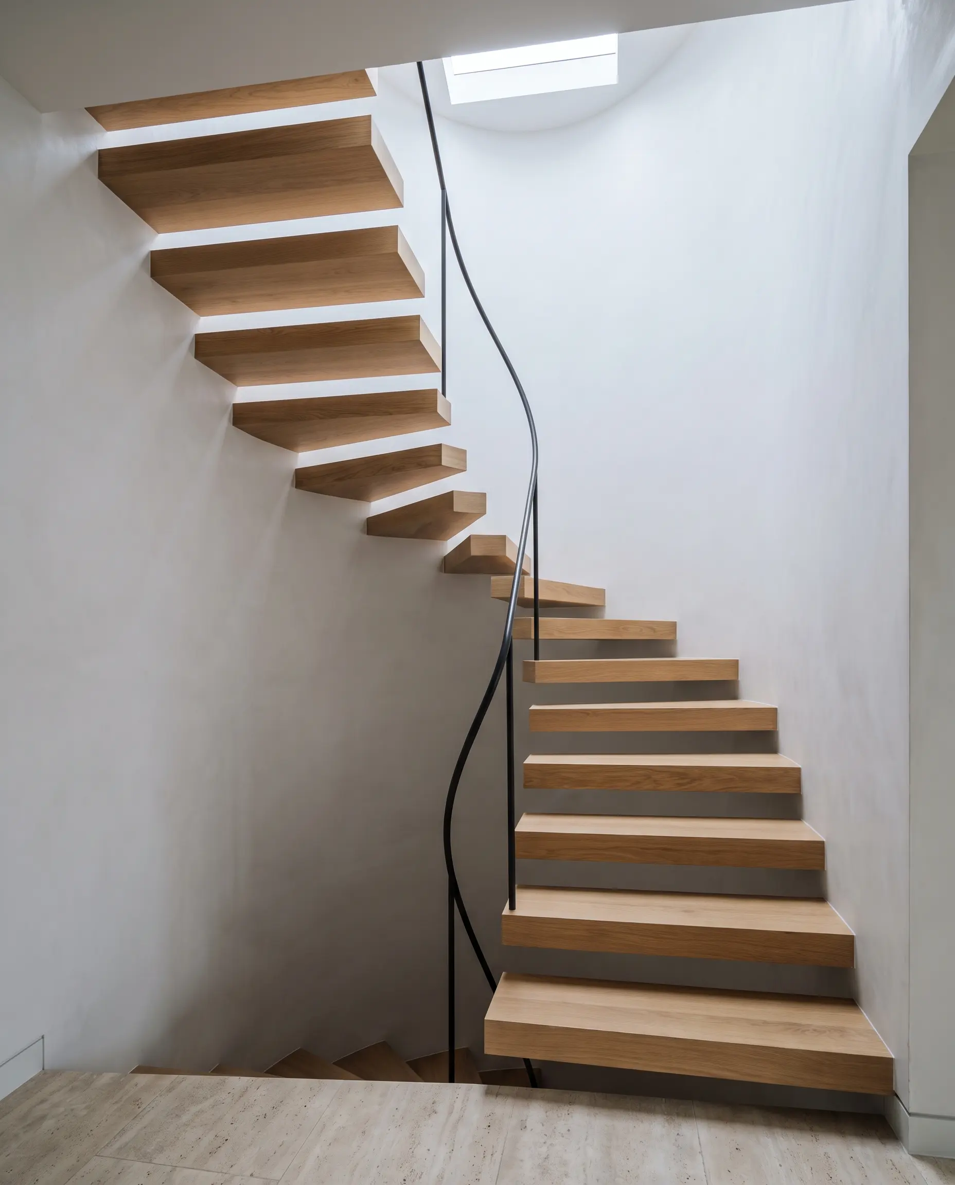 The staircase at Alder House: solid oak treads cantilevered from a plastered wall.