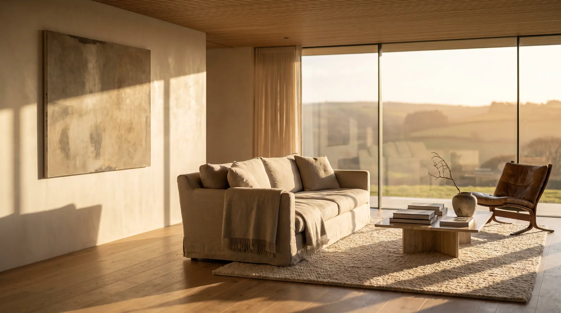 Living room at Copse Retreat: low linen seating, a stone hearth, late sun crossing an oak floor.