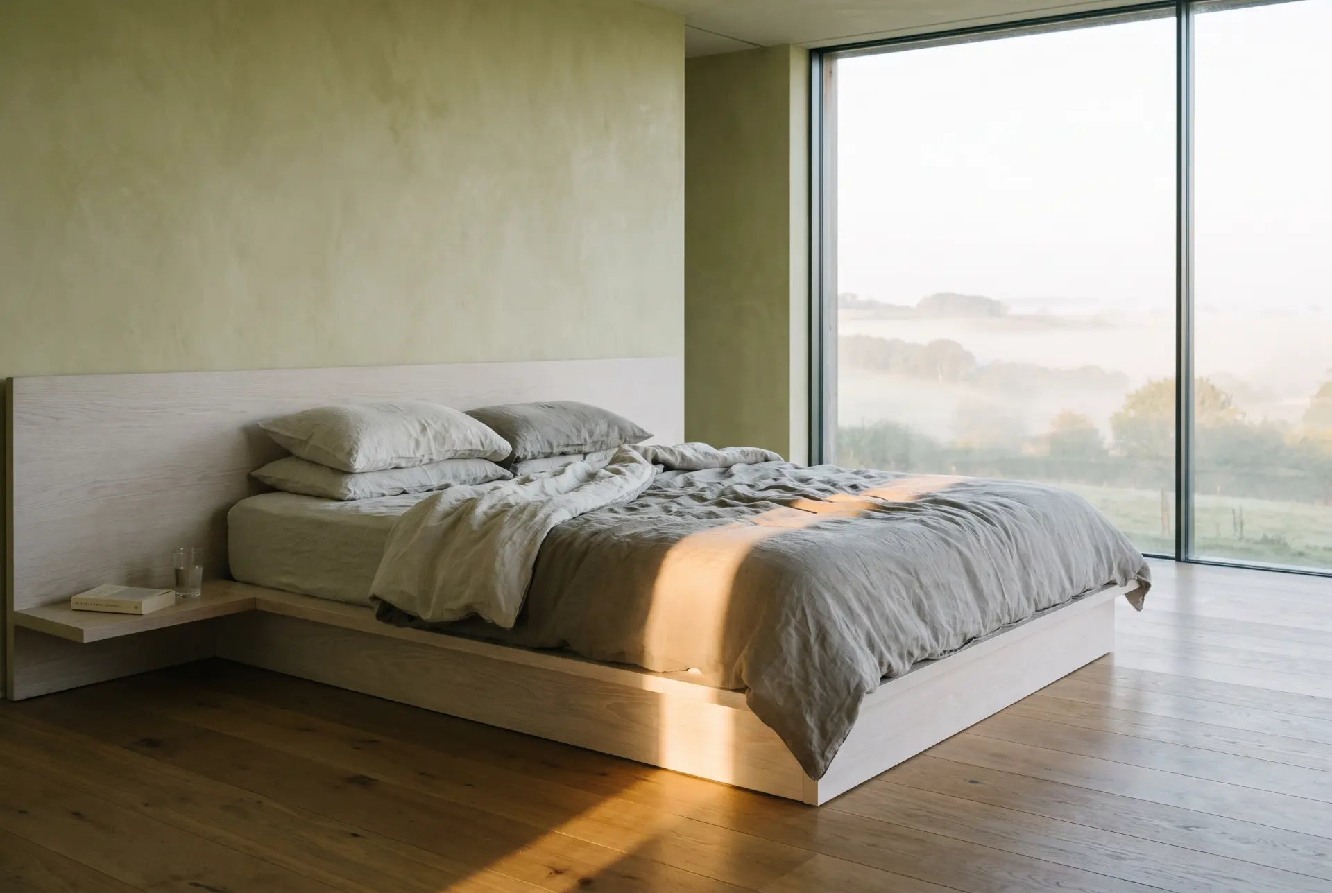 A bedroom at the Longhouse: linen bed, oak floor, first light through a full-height opening.
