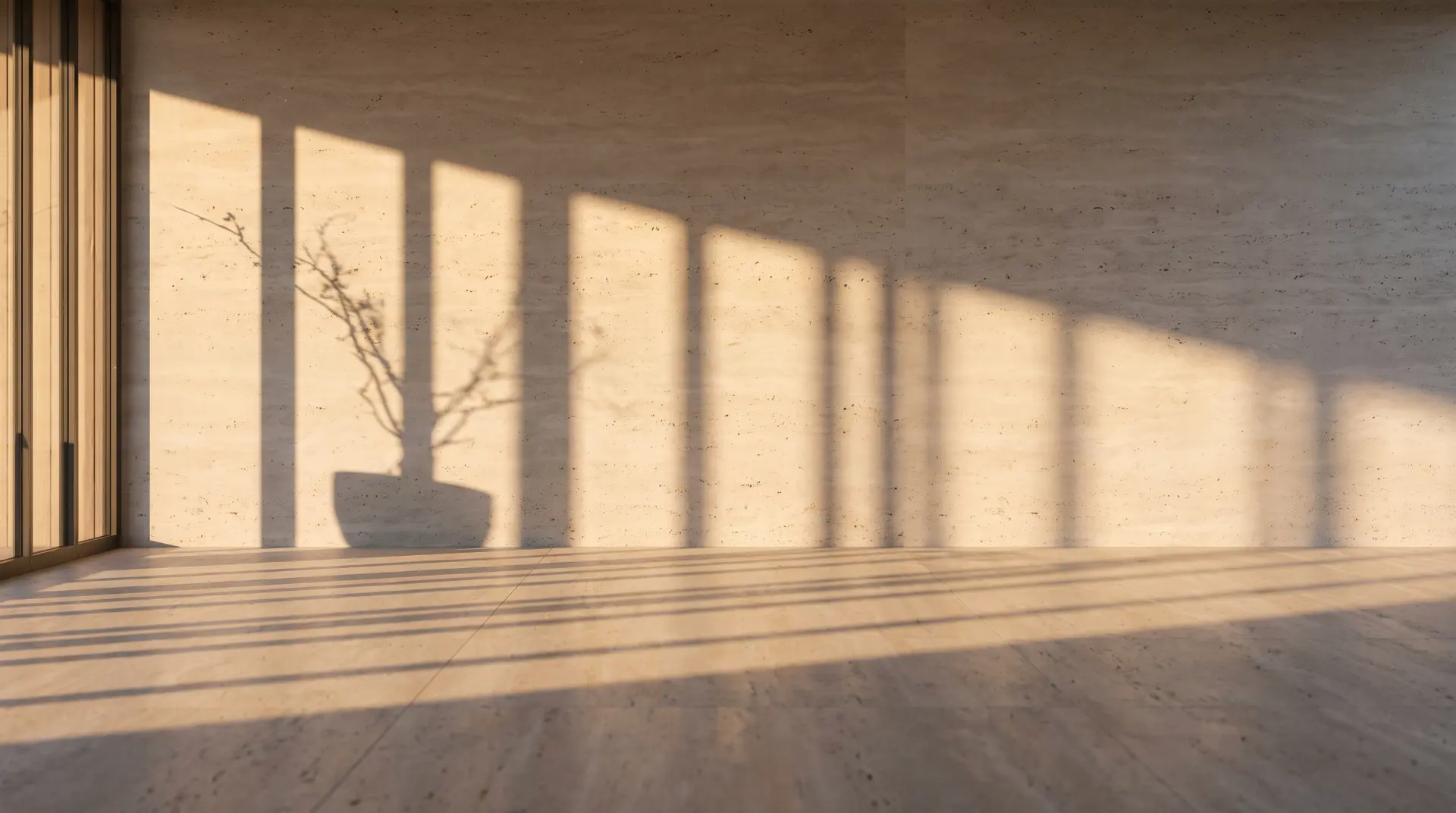 Window mullion shadows stretched across a travertine wall and stone floor at golden hour.