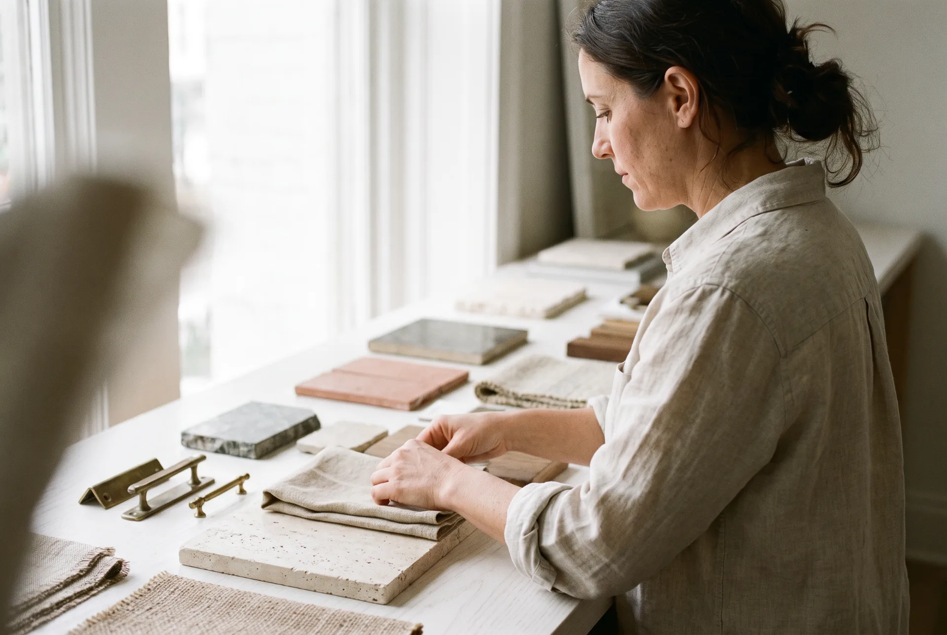 A designer laying out stone, plaster, linen and brass samples along the studio window.