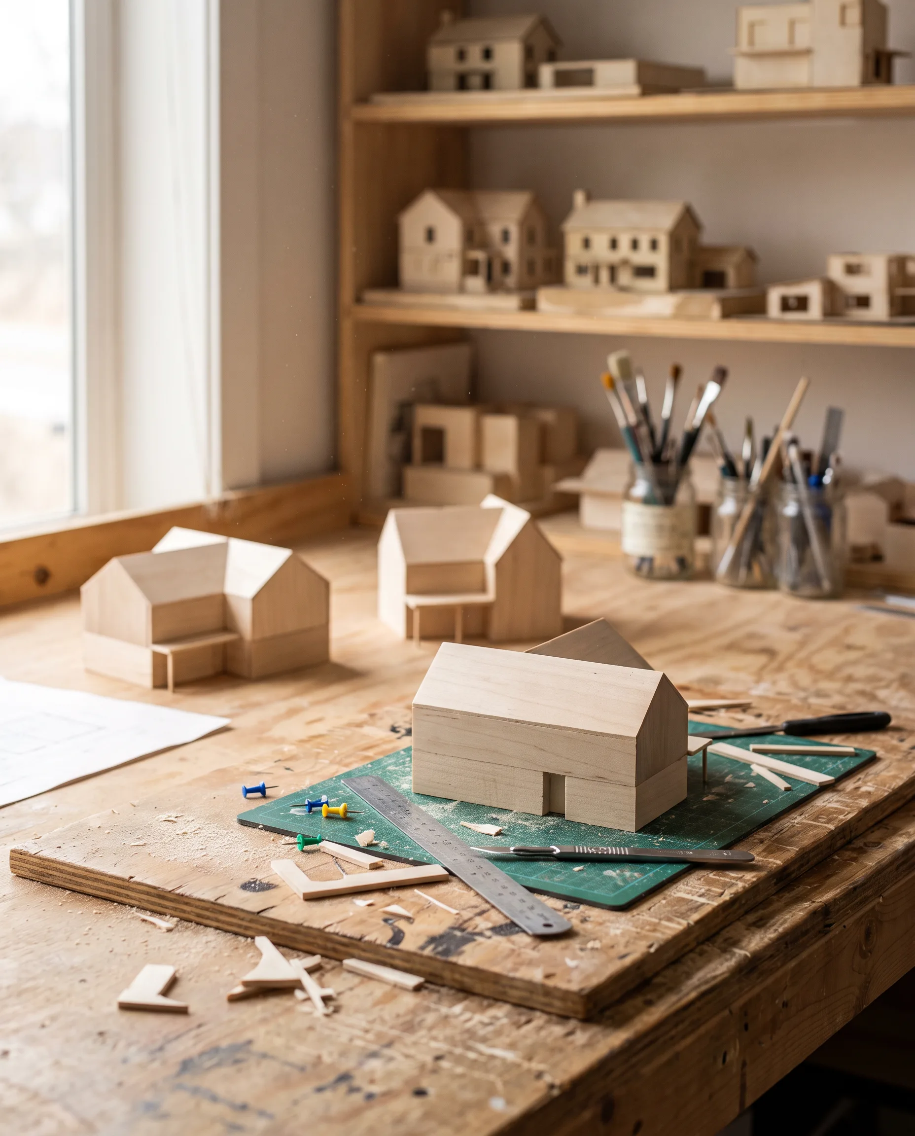 The model bench: basswood house models on a cutting mat, offcuts, scalpel and steel rule.