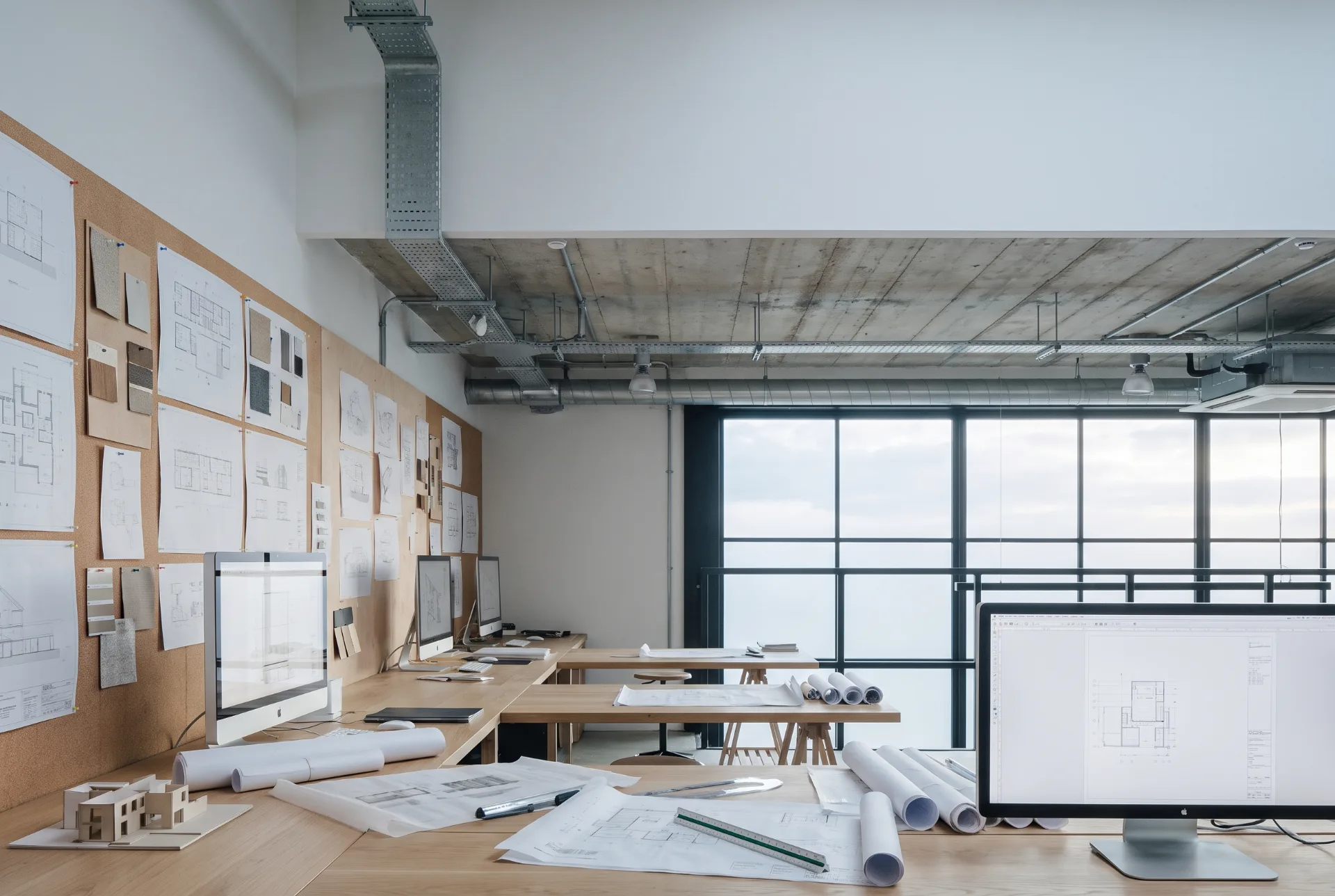 The studio: plans and samples pinned to a cork wall, drawing boards and screens along the window.